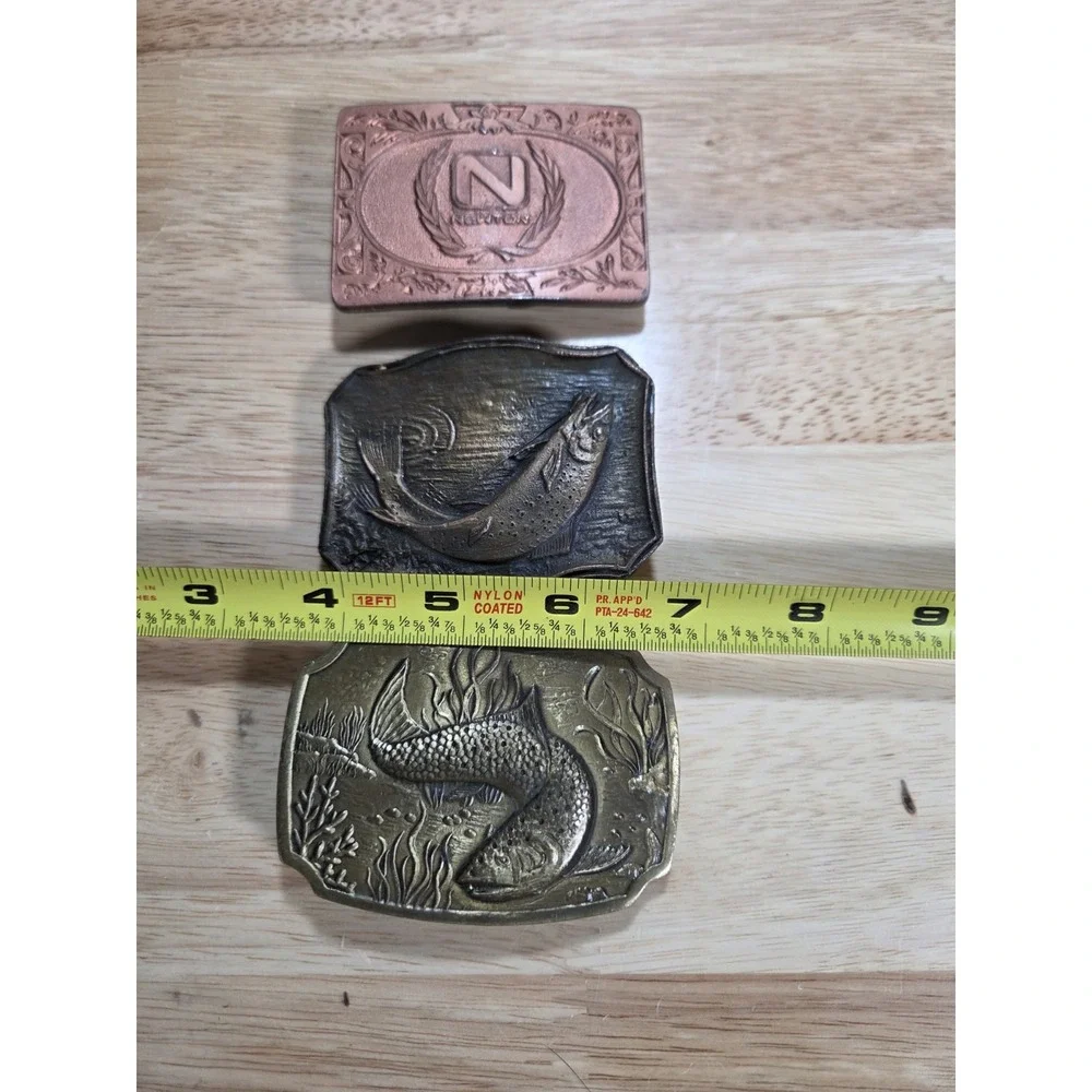 Vintage Belt Buckle Lot 3 Trout Fish Fishing Newton Mfg Solid Brass Mens